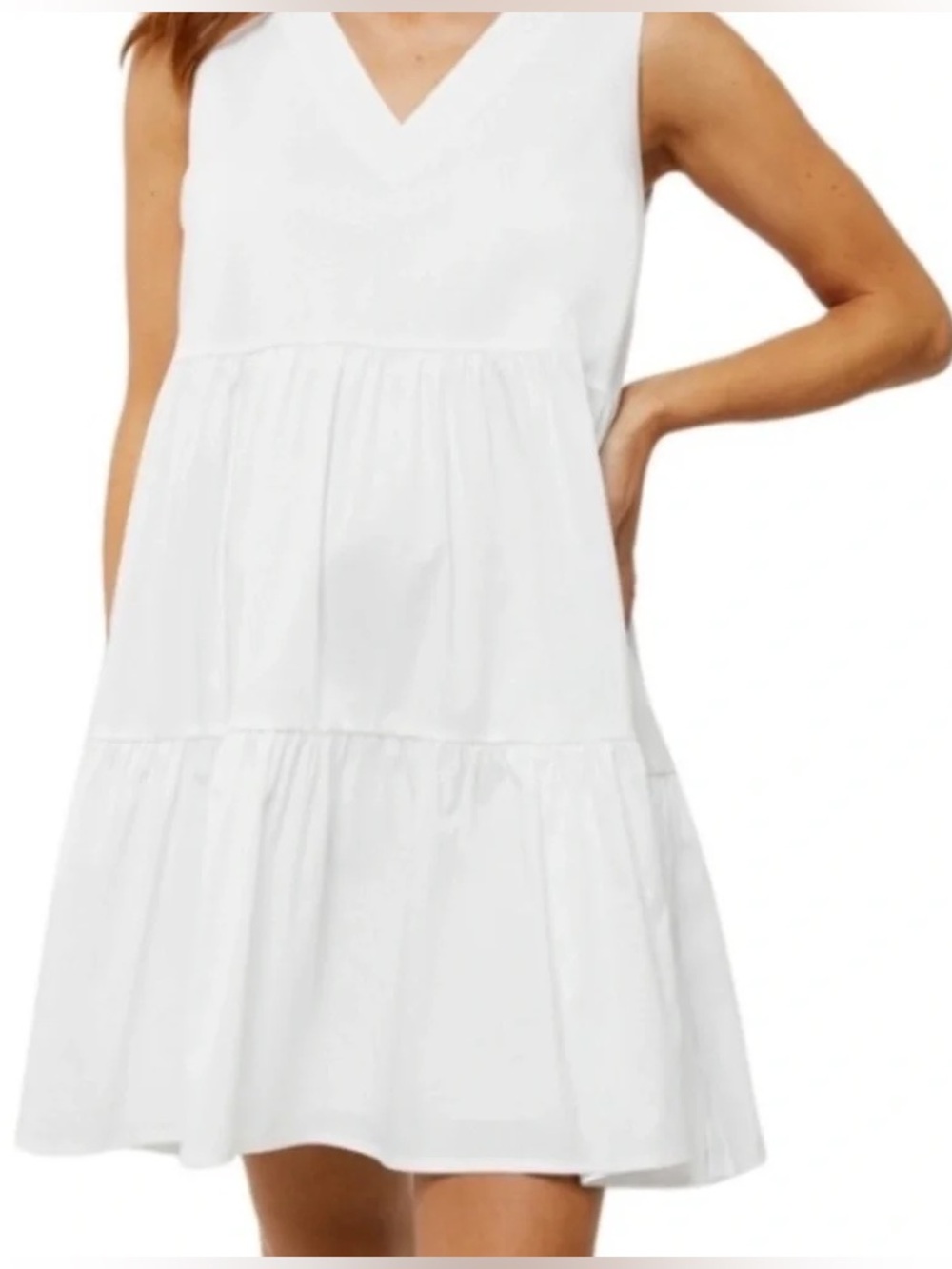 Petro Brunelli | White Sleeveless V-Neck Tiered Maternity Dress, M